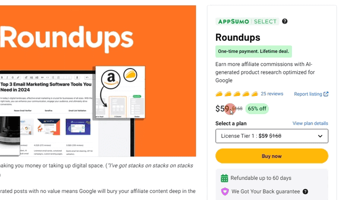 Screenshot of a web page showing a digital product called "Roundups". The page includes images of the product, user reviews, a price of $99, and a Buy Now button.