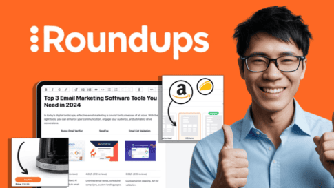 A smiling figure gives a thumbs up next to a screen showcasing email marketing tools. The word "Roundups" appears in large letters on an orange background.