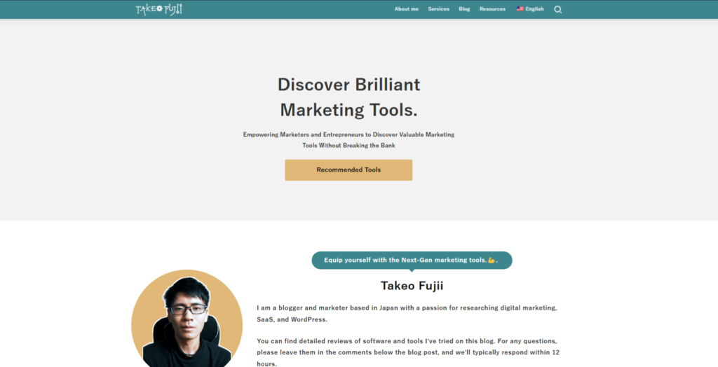 Screenshot of a web page titled "Discover a great marketing tool" introducing MultiLipi. There is a circular image of blogger and marketer Takeo Fujii and a section highlighting his background.