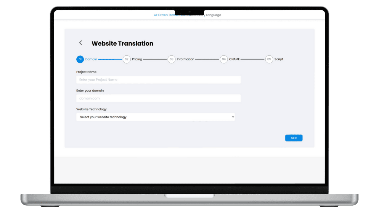 The laptop displaying the MultiLipi website translation page has fields for selecting the project name, domain, and technology. The progress bar shows the stages of domain, pricing, information, changes, scripts, etc. in a streamlined workflow.