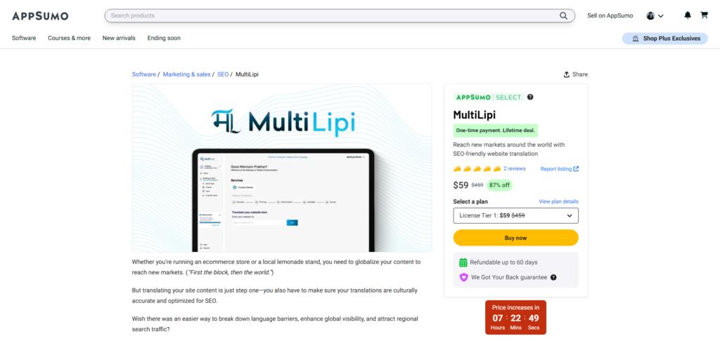 Screenshot of the AppSumo web page showcasing the MultiLipi software. A detailed product description is provided, highlighting the $59 price detail along with purchase options. The tablet elegantly displays the sleek MultiLipi interface and allows users to try out its features.