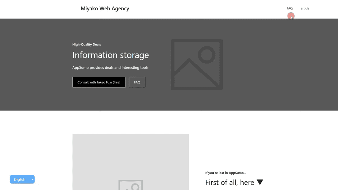 Screenshot of Miyako Web Agency's web page titled "Information Storage. It features a gray placeholder image, a button labeled "Find out," and navigation tabs at the top. The sleek design hints at innovative approaches like MultiLipi for organizing digital data efficiently.