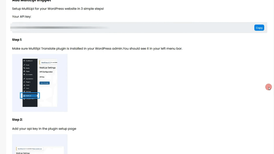 The screenshot shows a web page detailing how to set up a MultiLipi snippet in WordPress. It includes clear instructions with screenshots and highlights where to seamlessly enter your API key.