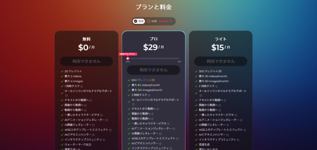 無料、Pro（月額 29 ドル）、Lite（月額 15 ドル）の 3 つの列がある料金プラン比較表をご覧ください。Pollo AI では、各プランで利用可能な機能にチェックマークが付けられています。見やすいように、洗練されたグラデーションの背景をお楽しみください。.