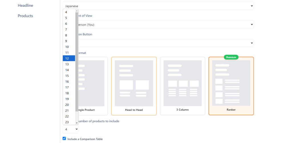 Screenshot of the web page interface with the list of heading selections and the three product format options ("Head to Head", "3 columns", and "Ranker"). Ranker" is highlighted as premium.