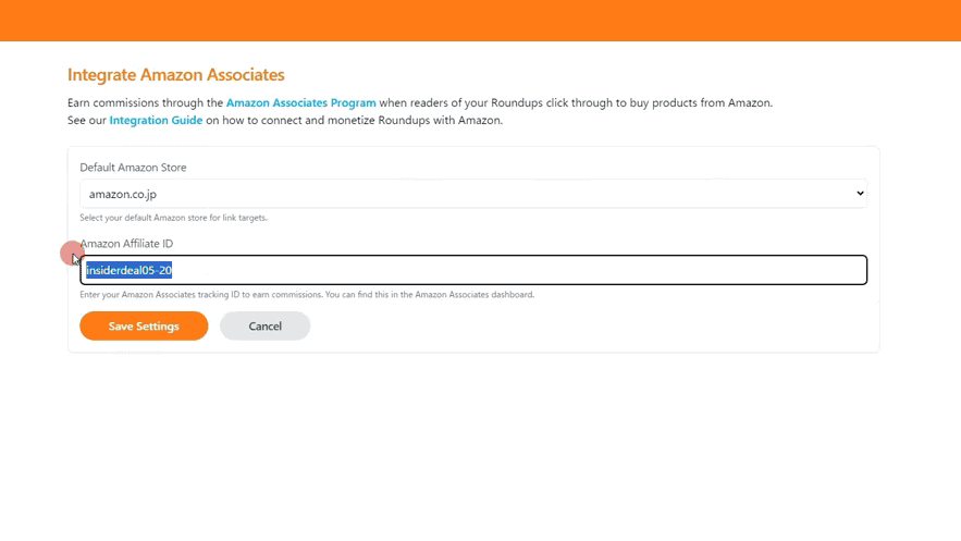 The web page titled "Integrate Amazon Associates" has fields to enter your default Amazon Store ID and Affiliate ID. Options to save or cancel your settings are at the bottom.