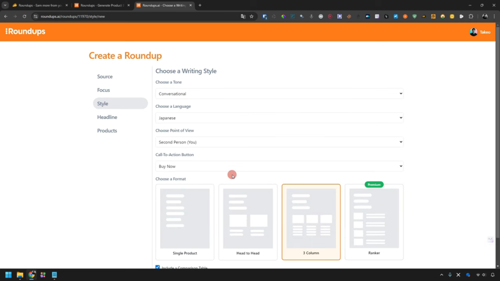 Screenshot of the web page titled "Create Roundup" with options for source, language, tone, CTA, format, and writing style. The interface includes a navigation menu on the left.