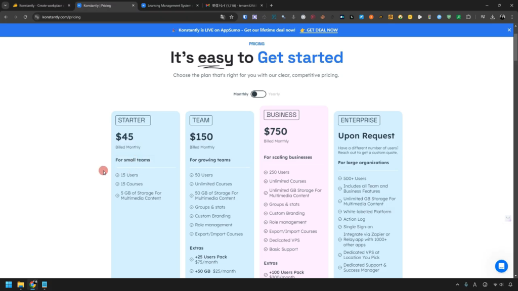 Konstantly's pricing plan chart has four columns: Starter ($45), Team ($150), Business ($750), and Enterprise (upon request). Each column details features and monthly fees to meet the needs of different users.