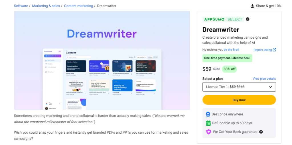 ダッシュボードのスクリーンショット、価格の詳細、AppSumo の購入オプションとともに「Dreamwriter」ソフトウェアを紹介する Web サイト ページ。.