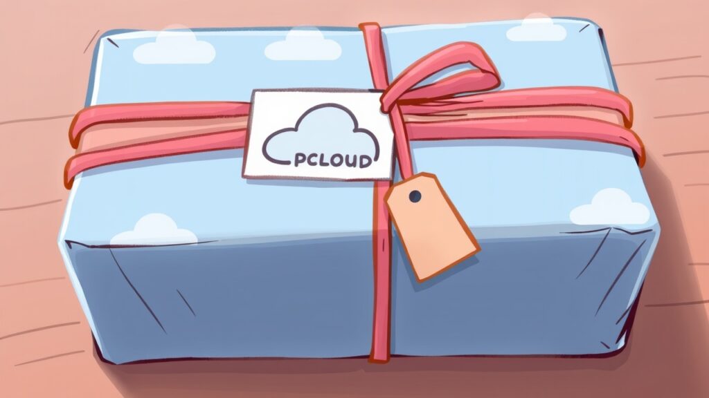 青い雲柄の紙にピンクのリボンで包まれ、「pCloud」と書かれた箱が木製の表面に置かれている。リボンには空のpCloudギフトタグがぶら下がっている。.