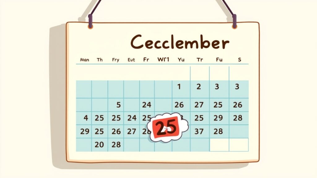 Cecclember」と書かれた壁掛けカレンダーは、25日を赤いマークで強調している。この架空の月は、pCloudにインスパイアされた、標準的でない日付けの略称を特徴としている。.