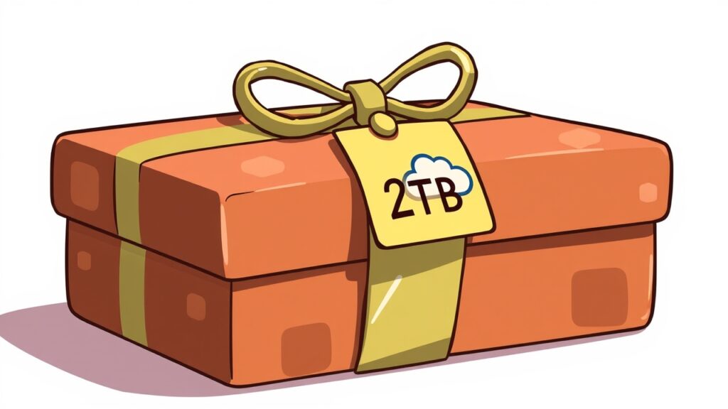 ラッピングされたギフトボックスには黄色いリボンがかけられ、「2TB」と書かれたタグにはクラウドのアイコンが付いている。.