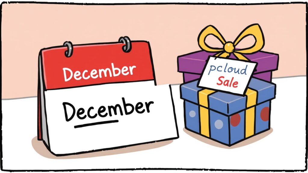 卓上カレンダーには、ラッピングされたギフトボックスと「pCloudセール」と書かれた看板の隣に12月が表示され、pCloudのホリデー特別キャンペーンが強調されている。.