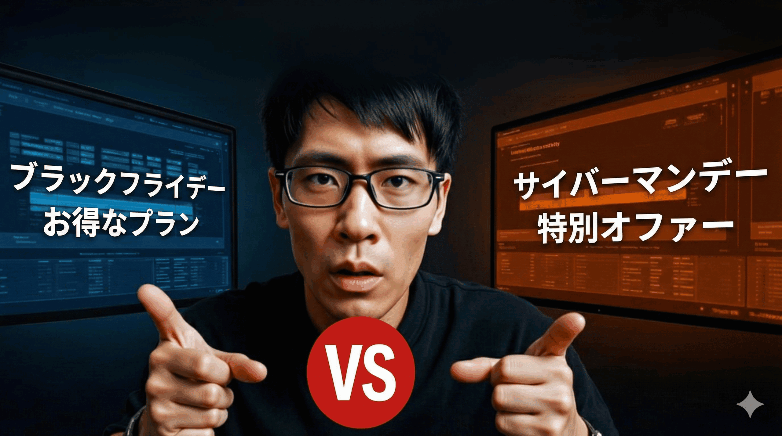 ブラックフライデーとサイバーマンデーのオファーを比較する日本語のテキストが書かれた青と赤の背景の間に男性が座っており、それぞれがそれぞれの側を指している。.