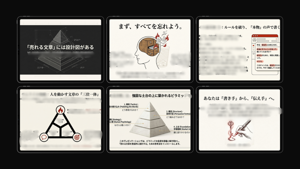 文章や情報整理に関する日本語の文章、図、イラストを6枚のスライドにコラージュし、脳、ピラミッド、ペンなどのビジュアルとともにLPtoolsのようなツールを紹介。.