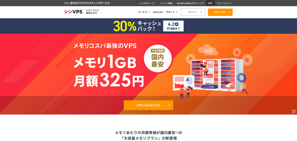 【シンVPS×OpenClaw】安全にOpenClawで自動化!インストールから導入・使い方まで OpenClawテクノロジーを採用した日本のVPSサービスのウェブサイトでは、1GBのメモリプランが月額325円であることを、大胆な赤のバナー、サーバーアイコン、30%のキャッシュバックキャンペーンで宣伝している。.