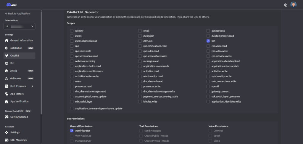 【シンVPS×OpenClaw】安全にOpenClawで自動化!インストールから導入・使い方まで アプリケーションを設定するために選択可能なスコープと権限を示す、ダークなテーマの OpenClaw OAuth2 URL Generator インターフェースのスクリーンショット。.