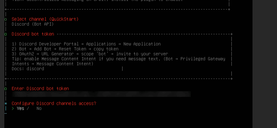 【シンVPS×OpenClaw】安全にOpenClawで自動化!インストールから導入・使い方まで ターミナル・ウィンドウに OpenClaw Discord ボットのセットアップ手順が表示され、ボット・トークンの入力とチャンネル・アクセスの設定の有無が尋ねられ、ユーザー入力フィールドがハイライトされます。.