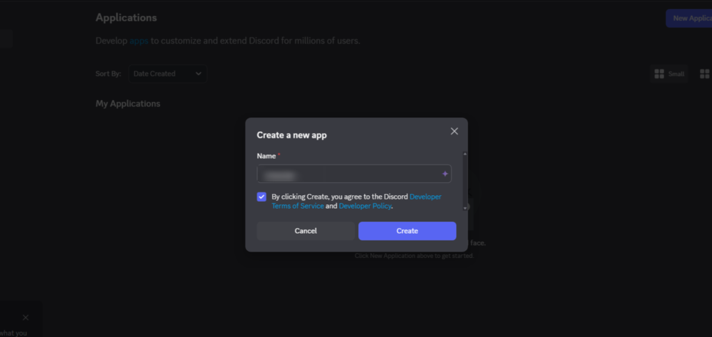 【シンVPS×OpenClaw】安全にOpenClawで自動化!インストールから導入・使い方まで Discordの "Create a new app "と題されたポップアップウィンドウがアプリ名を尋ね、下部に "Cancel "と "Create "ボタンがあり、OpenClawのようなプロジェクトを始めるのに理想的だ。.