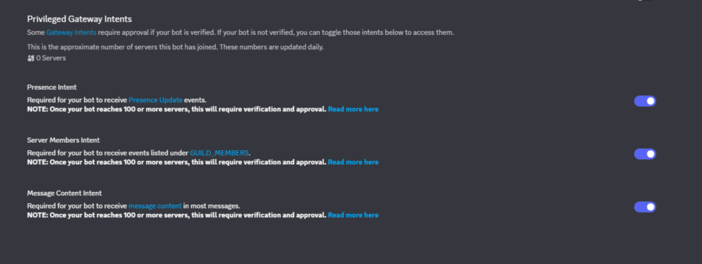 【シンVPS×OpenClaw】安全にOpenClawで自動化!インストールから導入・使い方まで OpenClaw Discord 開発者ポータル設定のスクリーンショット:プレゼンスインテント、サーバーメンバーインテント、メッセージコンテンツインテント。.