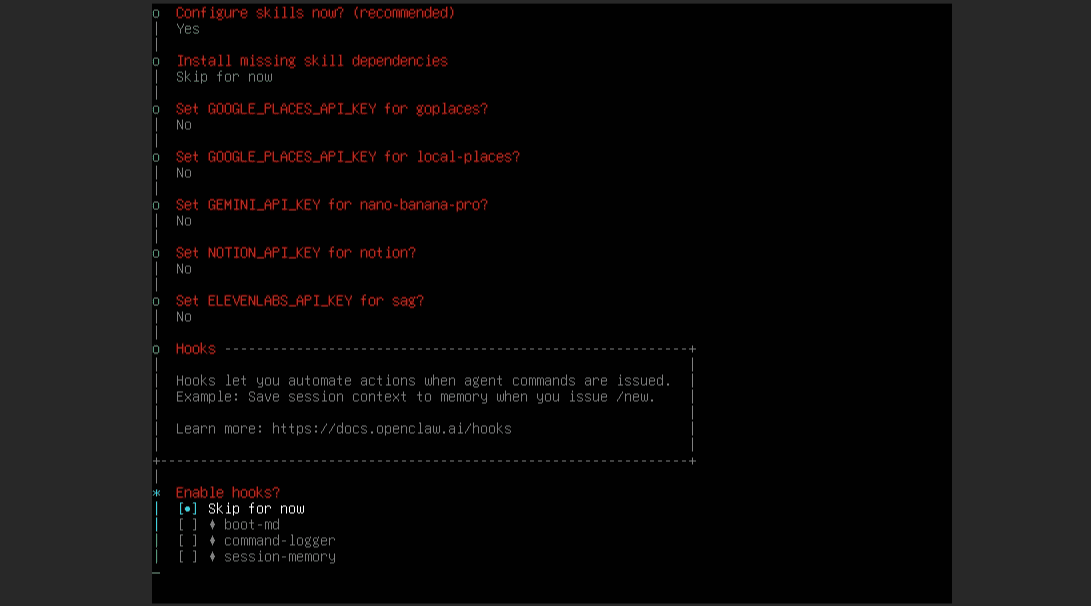 【シンVPS×OpenClaw】安全にOpenClawで自動化!インストールから導入・使い方まで コマンドラインインターフェイスには、様々なAPIキーとフックを有効にするためのOpenClawオプションの設定プロンプトが表示され、いくつかのテキストは黒い背景に赤と白で強調表示されます。.