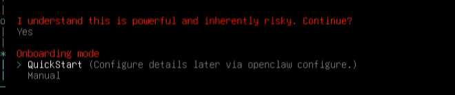 【シンVPS×OpenClaw】安全にOpenClawで自動化!インストールから導入・使い方まで 端末のプロンプトには、OpenClaw のリスクに関する警告、続行するためのオプション、QuickStart と Manual を選択できるオンボーディングモードの選択メニューが表示されます。.