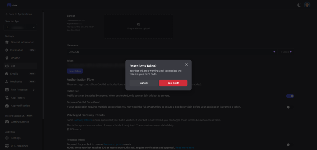 【シンVPS×OpenClaw】安全にOpenClawで自動化!インストールから導入・使い方まで OpenClaw Bot のトークンをリセットしますか?"というポップアップ・ウィンドウが表示され、リセットをキャンセルするか確認するかのオプションが、アプリケーション設定のための暗いインターフェースに表示されます。.