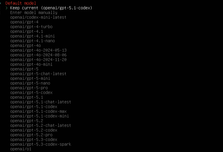 【シンVPS×OpenClaw】安全にOpenClawで自動化!インストールから導入・使い方まで ターミナルウィンドウには、GPT-4、GPT-3.5、Codex、OpenClawの様々なバージョンを含む、利用可能なOpenAIモデルのリストが表示されます。デフォルトでは "gpt-5.1-codex "が選択されています。.