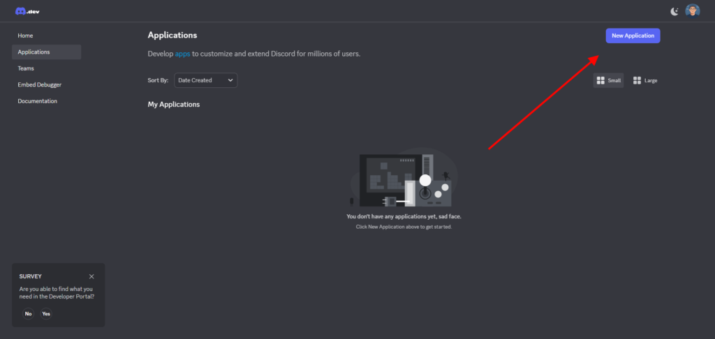 【シンVPS×OpenClaw】安全にOpenClawで自動化!インストールから導入・使い方まで Discord Developer Portal の "Applications" ページのスクリーンショット。赤い矢印が "New Application" ボタンを強調しています。.