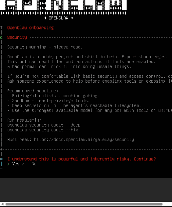 【シンVPS×OpenClaw】安全にOpenClawで自動化!インストールから導入・使い方まで 端末のウィンドウには、OpenClaw の使用方法、セキュリティに関する警告、そして潜在的に強力でリスクの高い OpenClaw のアクションを続行するかどうかを尋ねるプロンプトが表示されます。.