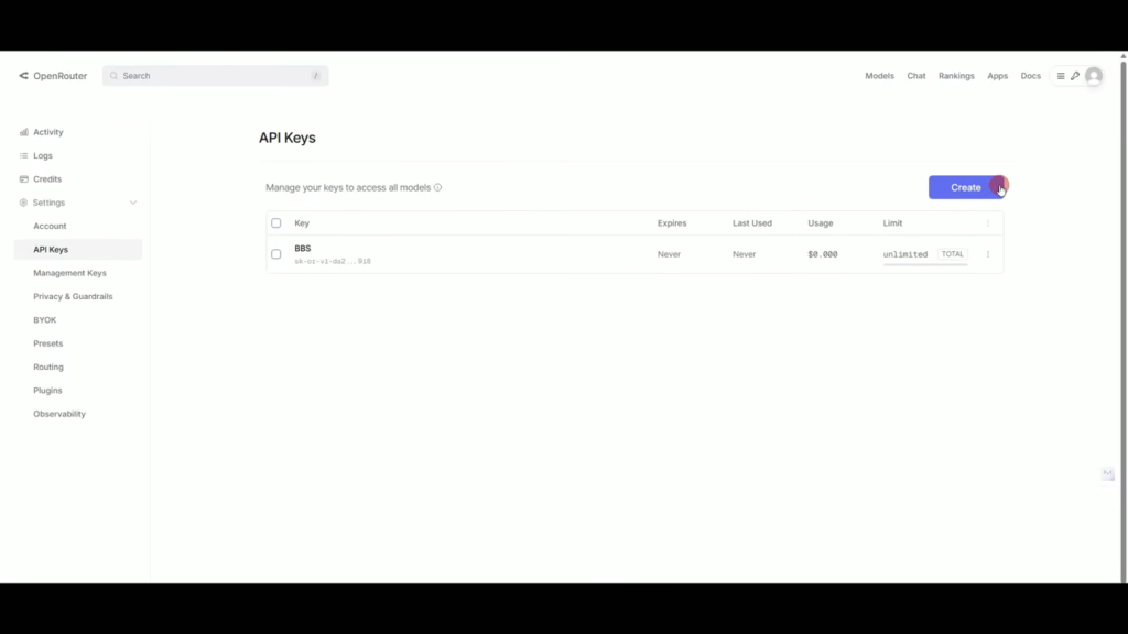 Robomotionと統合されたOpenAI APIキーのダッシュボードのスクリーンショット。2つのAPIキーとその有効期限、最後に使用された詳細、使用情報が表示されている。右側に青い "Create" ボタンが見えます。.