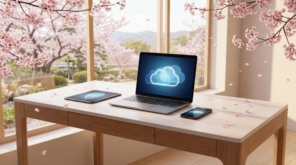 桜満開の窓際に置かれた木製の机の上には、pCloudのアイコンが表示されたノートパソコン、タブレット、スマートフォンが置かれ、桜満開を祝っている。.