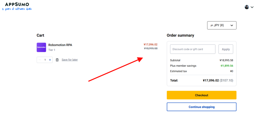 AppSumoのレジにて、Robomotion RPAを245,295.68円から17,096.02円に値引きしてカートに入れている画面と、Robomotionの注文内容の概要。.