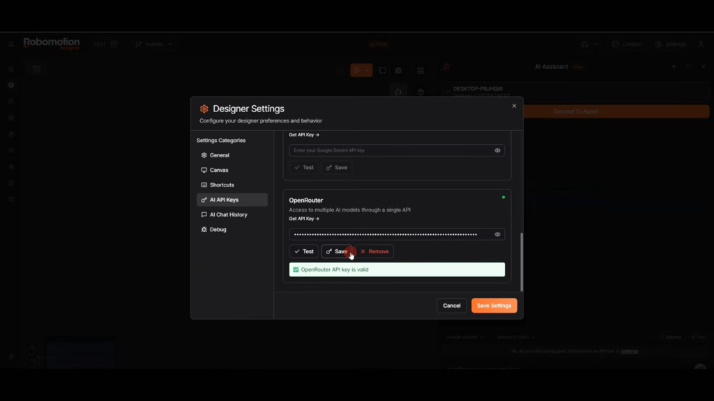 コンピュータの画面には、Robomotion Studio の Designer Settings ウィンドウが表示され、編集中の OpenAI API キー設定と、Robomotion で変更を保存またはキャンセルするオプションが表示される。.