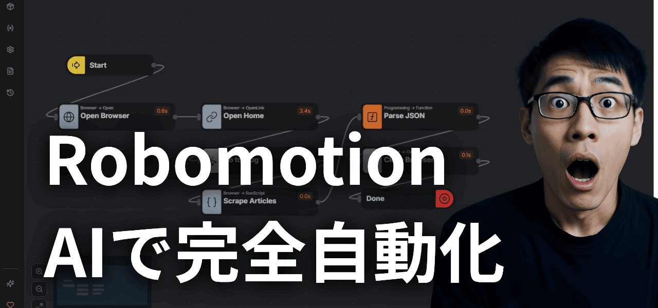 Robomotionのワークフローインターフェースの横に現れた驚く男性。日本語のテキストはこうだ："AIで完全自動化" Robomotionの自動化のパワーを強調しています。.