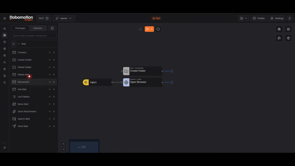 ダークなテーマの Robomotion インターフェースには、3 つのノードが接続されたワークフローが表示されます：入力, フォルダの作成, ブラウザを開く, の3つのノードが接続されたワークフローが表示され、自動化プラットフォームの機能を強調します。.
